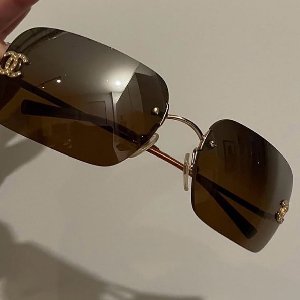 Chanel Brown Y2k Rimless Crystal Cc Sunglasses